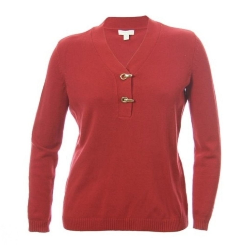 Charter Club Red Women's Sweater V Neck Gold Grommet And Clasp Closures Size XL